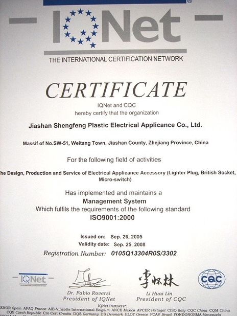 중국 Jiashan Dingsheng Electric Co.,Ltd. 인증